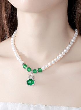 天然珍珠项链玉髓银制扣头女