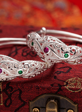 长命锁s990小孩满月套装银手镯