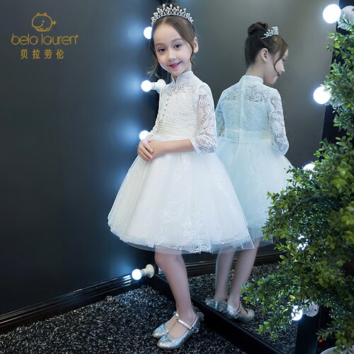 儿童礼服公主裙女童高端白色小女孩花童婚礼生日主持人演出服秋季 - 图1