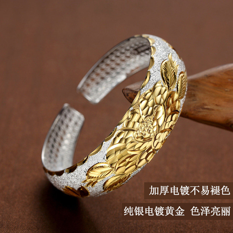 女纯银妈妈款999足银镯子鎏金手镯 饰时代手镯