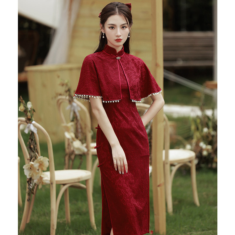 红色改良蕾丝子女气质春秋夏旗袍裙 杉奈尔旗袍