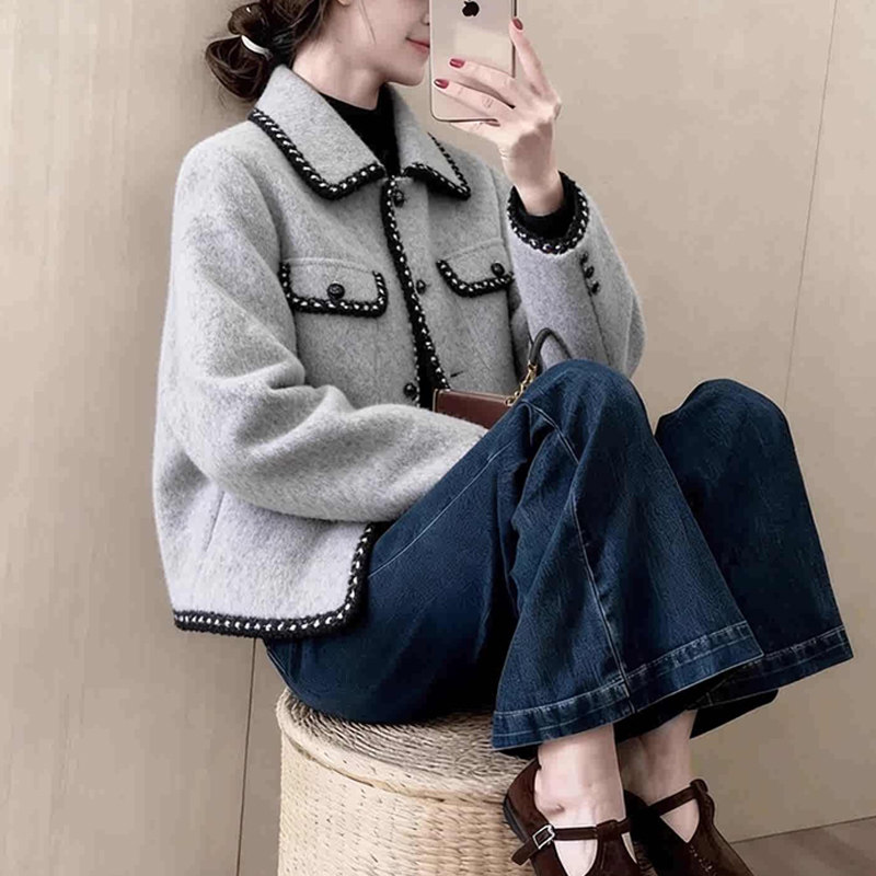 韩系宽松显瘦绝美巨好看的灰色毛呢短外套女2025年秋冬新款小个子,淘宝优惠券,粉丝福利购,淘宝优惠卷