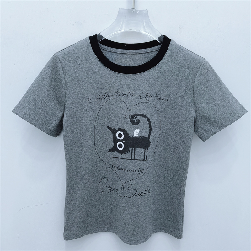 欧洲站24春夏设计感时尚印花短袖T恤女拼色爱心猫咪短款修身上衣 - 图0