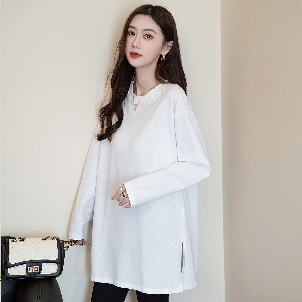 班尼路白色打底衫女2025新款长袖t恤中长款遮屁股内搭纯棉上衣J,淘宝优惠券,粉丝福利购,淘宝优惠卷