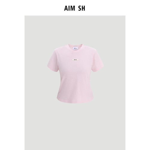 【新品】AIM SH 女士 缝标logo标识纯色圆领短袖T恤 - 图0
