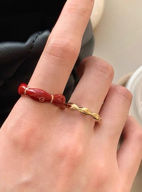 新年喜庆红色滴釉开口戒指女2024新款小众设计食指戒复古港风指环