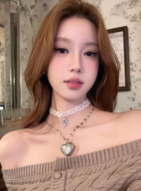 双层蕾丝爱心choker项链叠戴纯欲白色脖子配饰锁骨链女个性辣妹