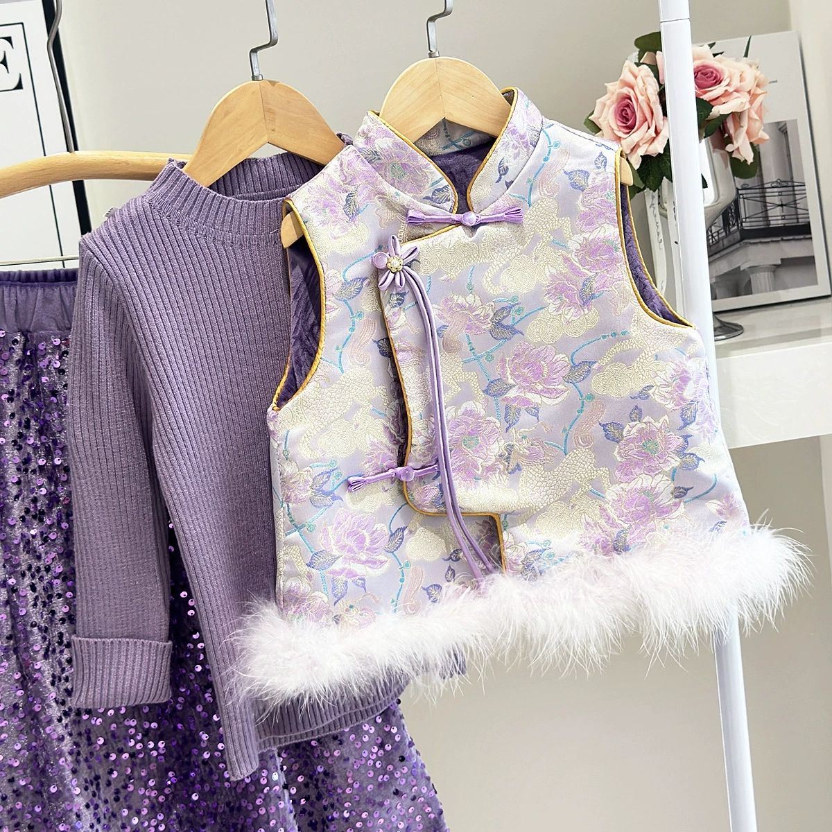 儿童国风新中式毛马甲外套女童古风马甲半身裙套装冬款盘扣旗袍套,淘宝优惠券,粉丝福利购,淘宝优惠卷