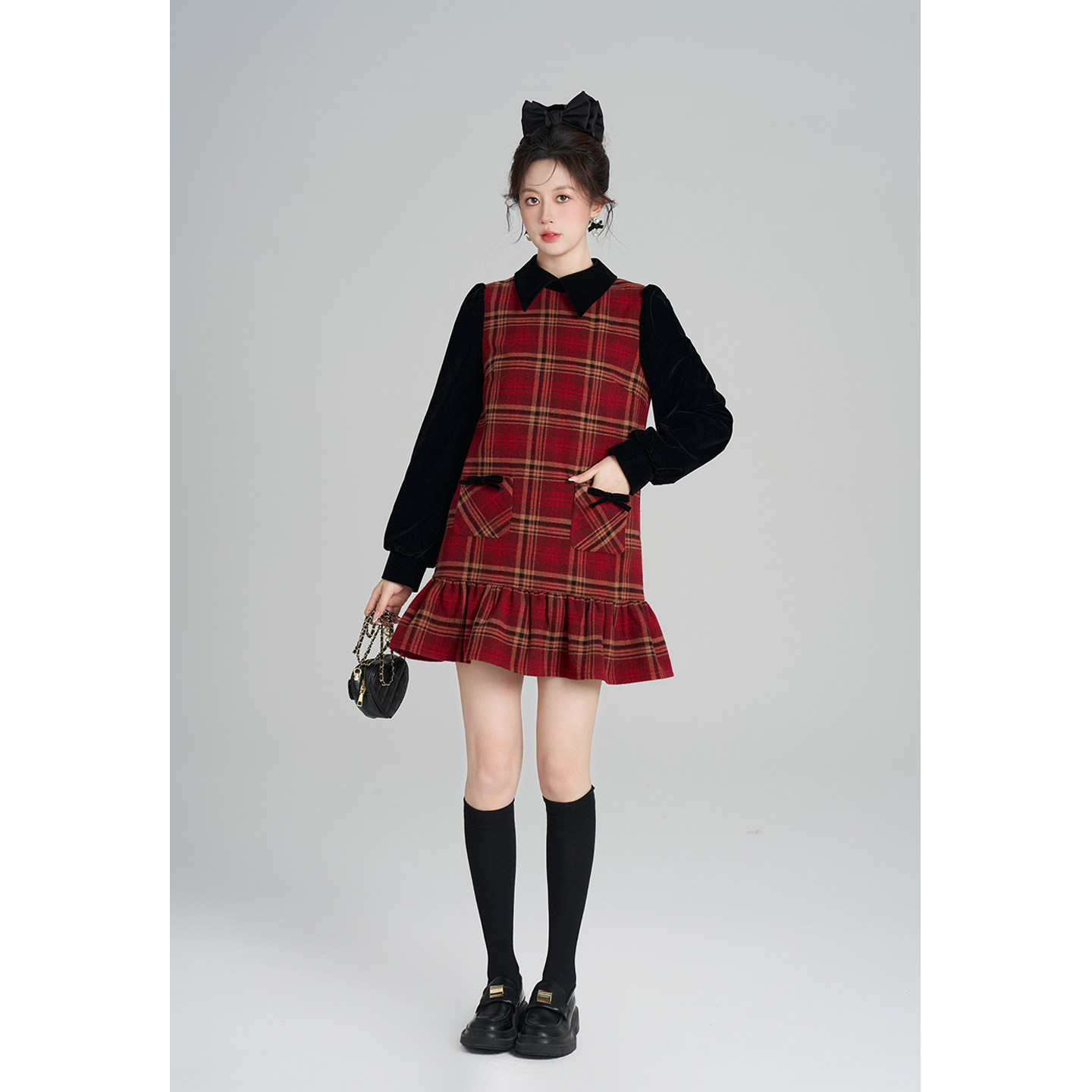 Palglg小香风圣诞穿搭红色格子连衣裙女冬季拼接丝绒直筒娃娃裙子,淘宝优惠券,粉丝福利购,淘宝优惠卷