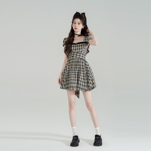 Temperamental preppy sweet square collar plaid dress