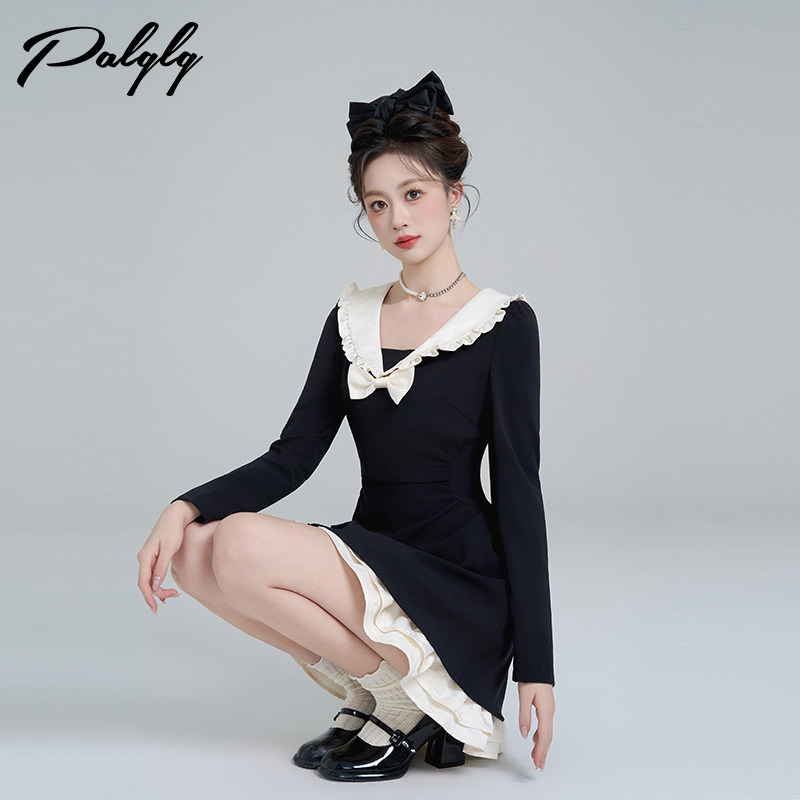 法式黑色娃娃领收腰长袖连衣裙女秋冬气质收腰假两件蓬蓬少女短裙 - 图1