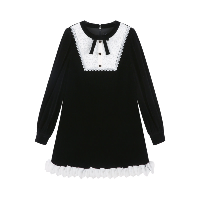 赫本风黑色丝绒长袖连衣裙女秋季高级感拼接法式复古a字小香风裙