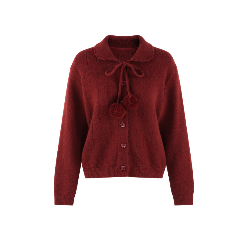 Palglg娃娃领红色开衫毛衣外套女冬季小个子法式气质针织衫短上衣,淘宝优惠券,粉丝福利购,淘宝优惠卷