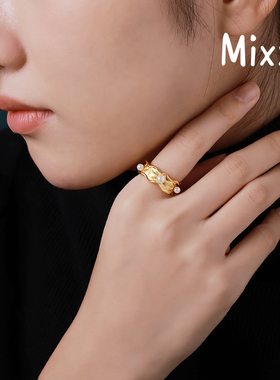 Mixx靡诗荷叶系列泽芝戒指新中式贝珠开口戒优雅气质女