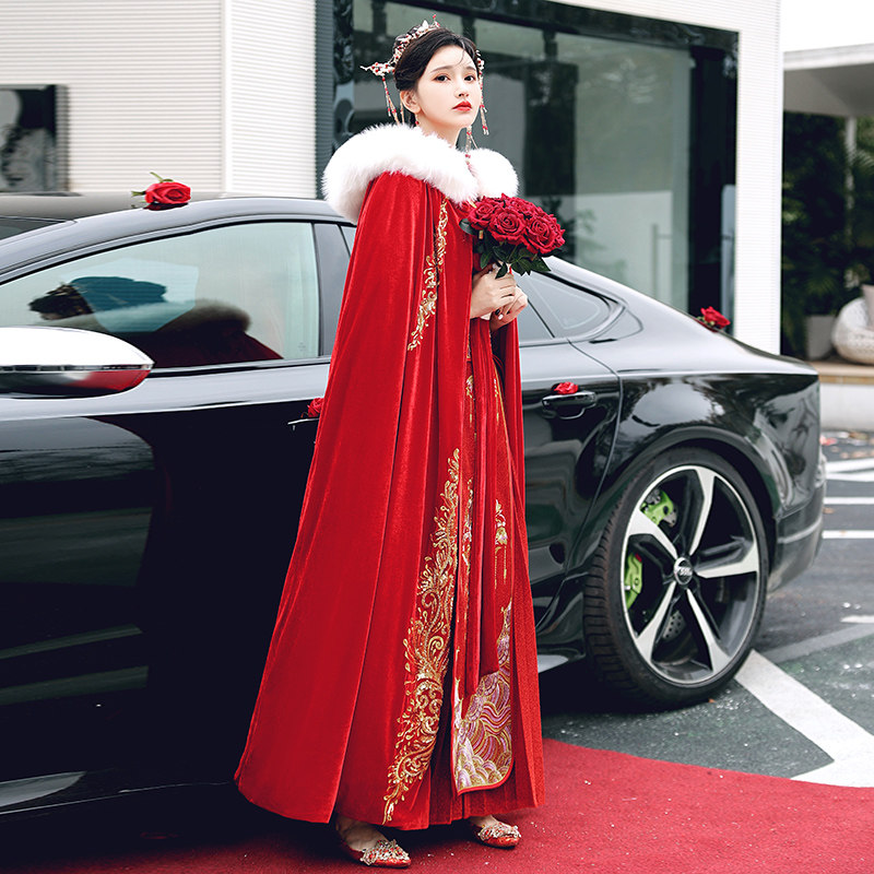 秀禾服披风外套冬红色长款结婚加绒 美伦姿秀风衣