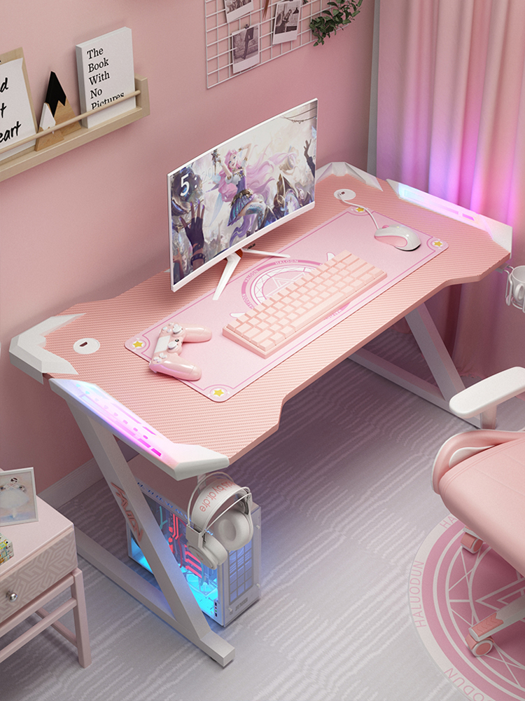 定制粉色电竞桌台式电脑桌家用直播主播少女游戏桌椅组合套装高级 - 图0