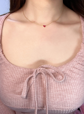 日系MINI小红心~极奢红宝石小桃心项链女18K小巧精致爱心形锁骨链