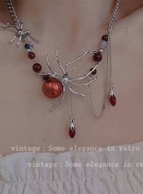 圣诞节红色流苏蜘蛛项链女y2k辣妹亚文化设计感暗黑风个性锁骨链