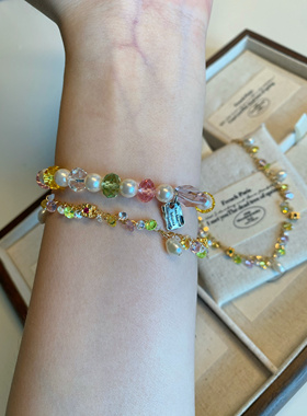 原创手作 夏日限定 施家水晶珍珠糖果色弹力绳手串