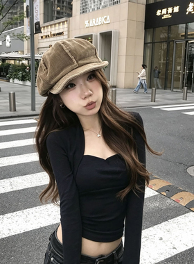 秋冬灯芯绒复古显脸小八角帽女
