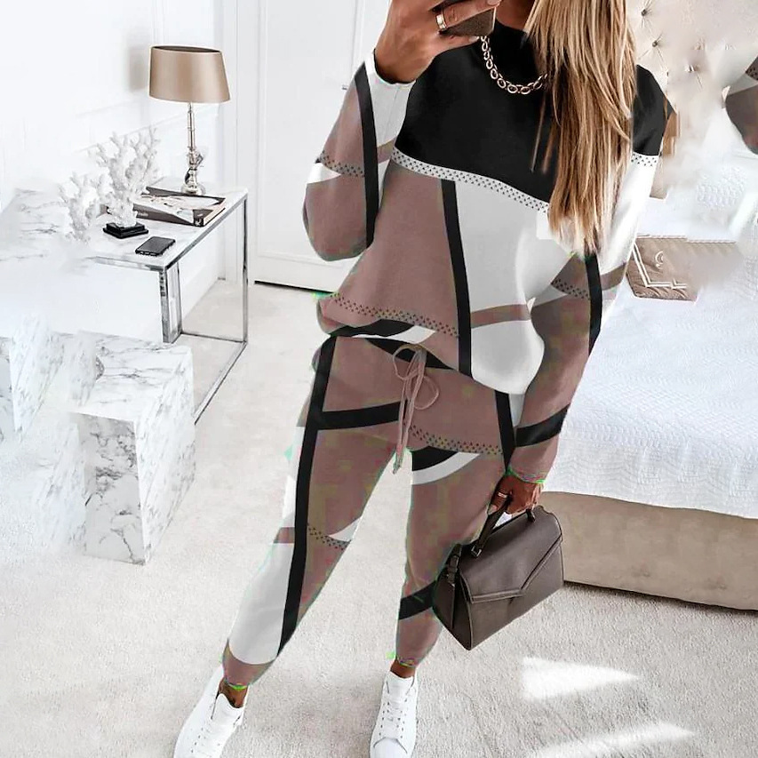 Fashion printed long sleeved round neck casual women's set-图1