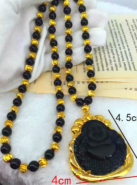 越南沙金黑曜石镶嵌观音玛瑙项链