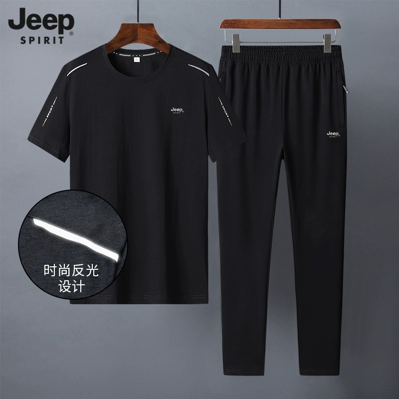 JEEP中老年纯棉运动套装男式夏季薄款中年父亲夏装跑步休闲运动服