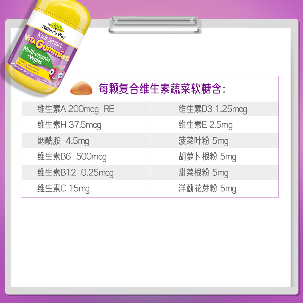 Nature's Way澳洲佳思敏儿童维生素C免疫B族复合果蔬偏食软糖-图3