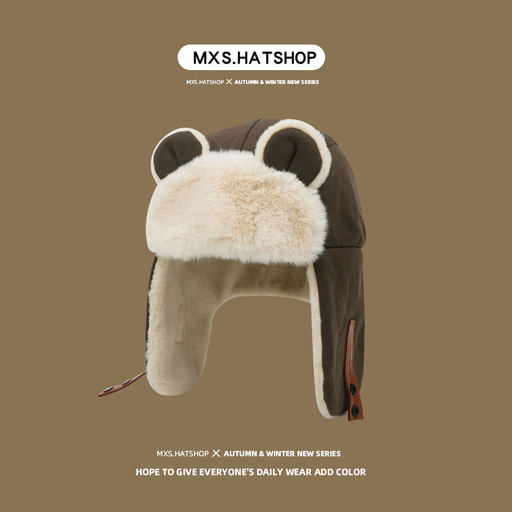 日系冬天小熊耳朵雷锋帽女可爱百搭加绒保暖滑雪帽骑行防风护耳帽