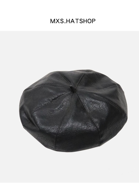 网红黑色皮质休闲风英伦画家帽