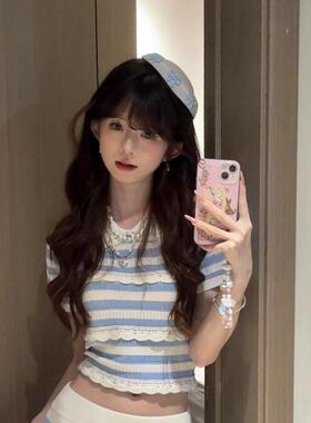 日系可爱蓝色蝴蝶结花边水手帽甜美少女心Lolita礼帽精致圆顶帽子