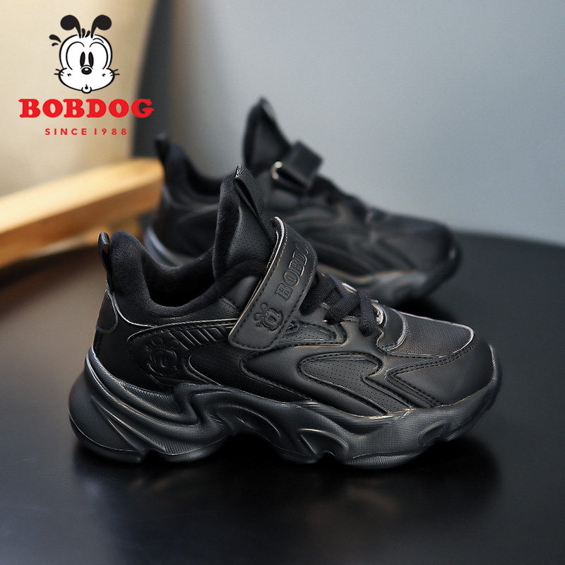 巴布豆儿童运动鞋冬季皮面防水黑色男女童加绒二棉保暖跑步小黑鞋-图2