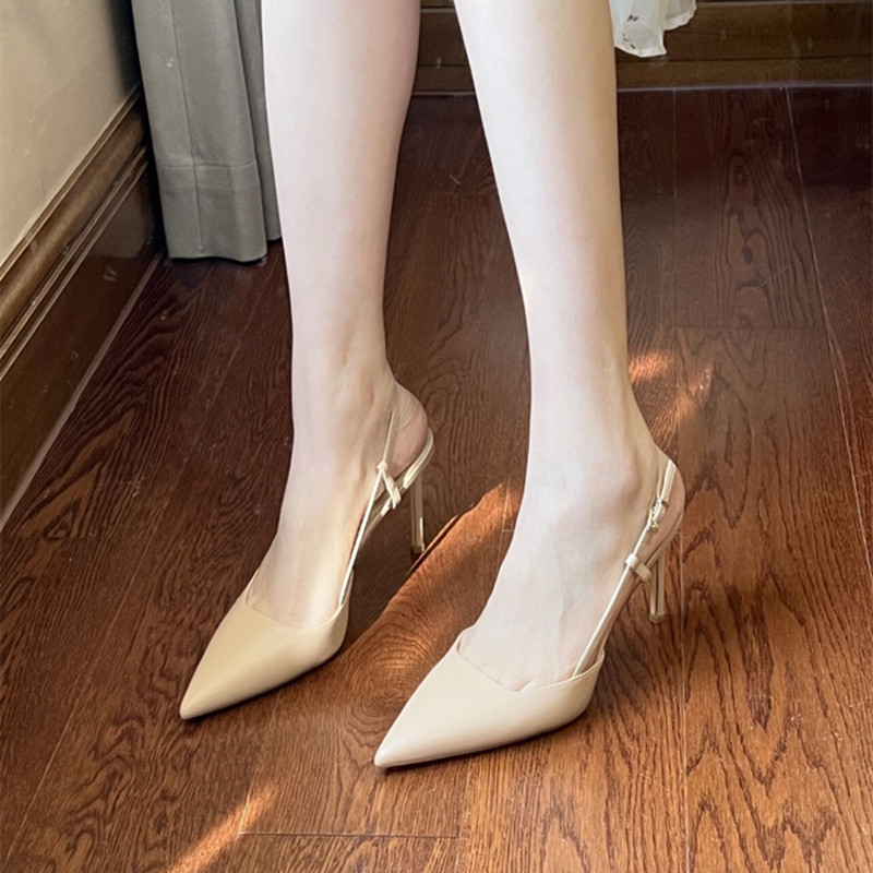 裸色一字带包头凉鞋女2024年夏季新款尖头细跟设计感不累脚高跟鞋,淘宝优惠券,粉丝福利购,淘宝优惠卷