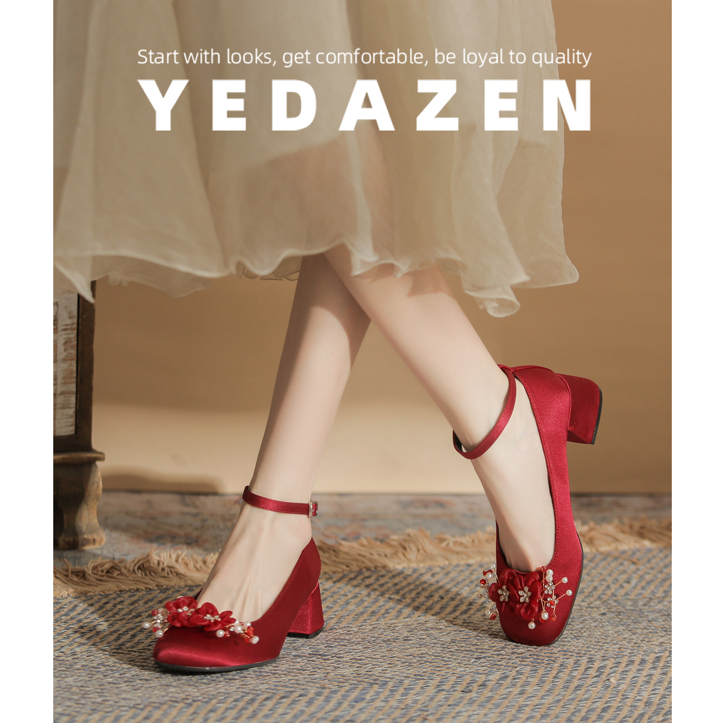 法式玛丽珍高跟鞋粗跟酒红色花朵秀禾婚鞋女2025新款新娘鞋不累脚,淘宝优惠券,粉丝福利购,淘宝优惠卷