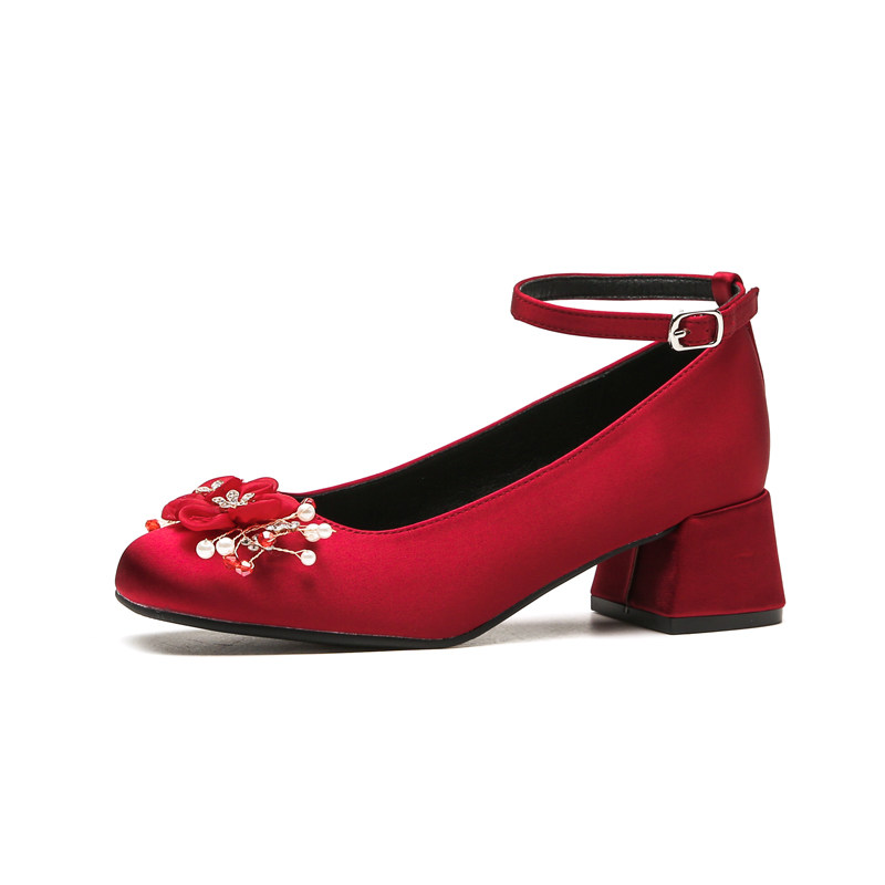 法式玛丽珍高跟鞋粗跟酒红色花朵秀禾婚鞋女2025新款新娘鞋不累脚,淘宝优惠券,粉丝福利购,淘宝优惠卷