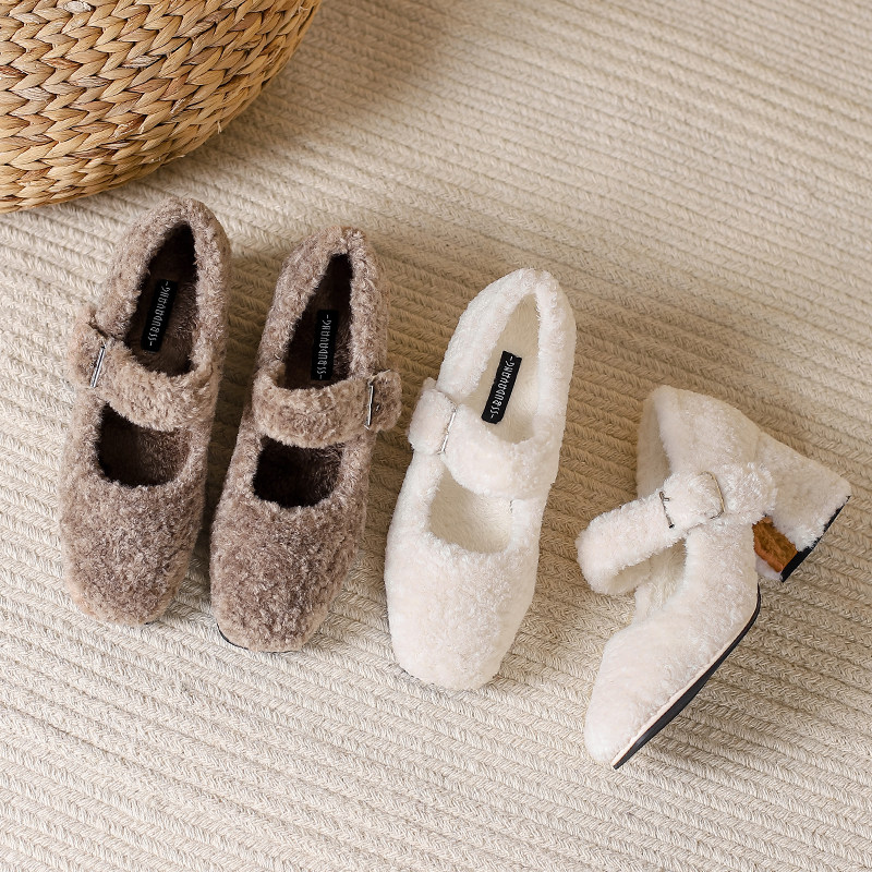 法式白色玛丽珍毛毛鞋冬季加绒高跟棉鞋2025新款仙女温柔单鞋粗跟,淘宝优惠券,粉丝福利购,淘宝优惠卷