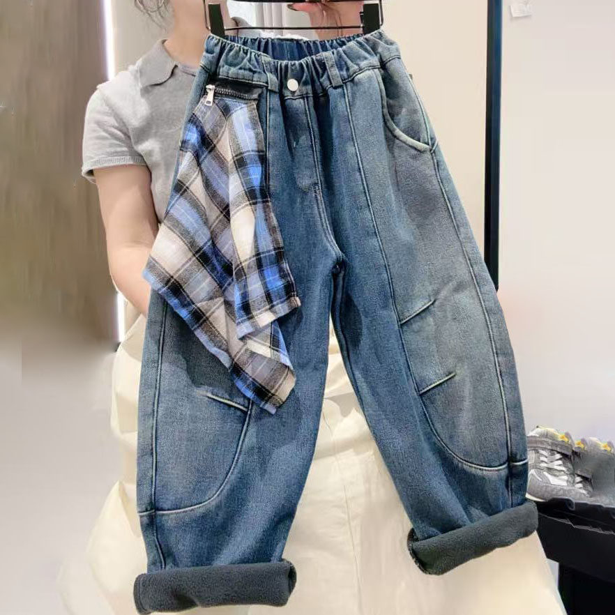 [加绒]儿童牛仔裤秋冬2025男女童新款韩版格子中大童长裤子弯刀裤,淘宝优惠券,粉丝福利购,淘宝优惠卷