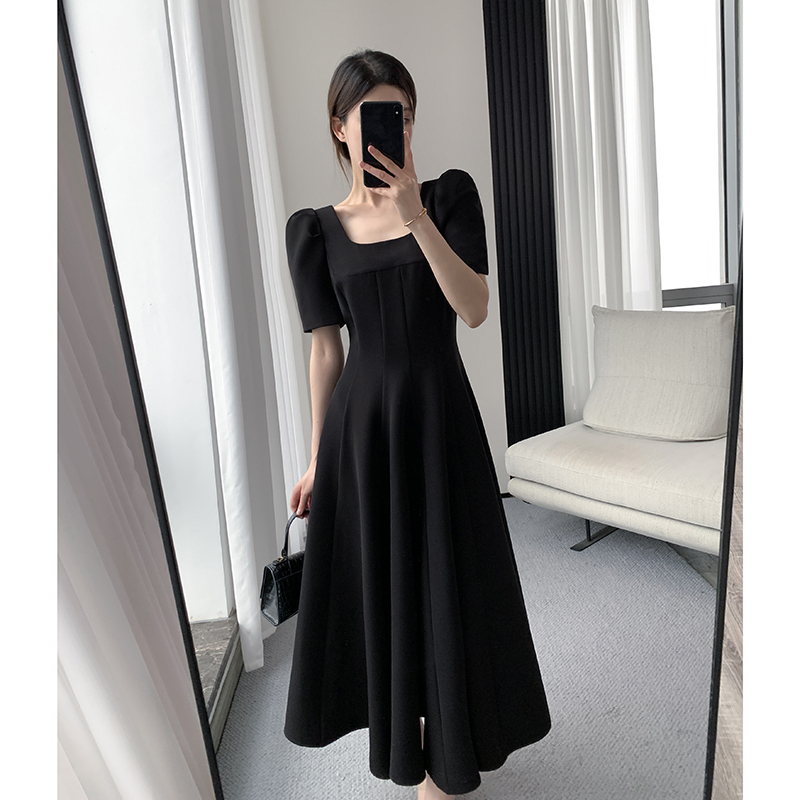 果哥定制黑色连衣裙女2022年夏季新款收腰显瘦气质赫本风方领长裙_女装_女士精品