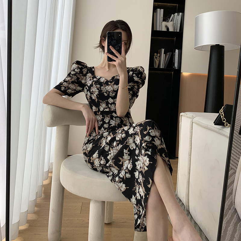 FT GUOGE碎花连衣裙女2022夏新款方领法式复古收腰显瘦泡泡袖长裙_女装_女士精品