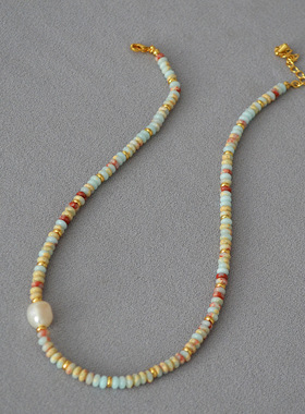 欧美异国情调文艺复古海洋度假风蓝色花纹石头真石串珠项链气质女