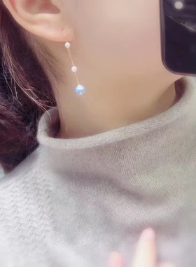 18k金耳线配星空蓝真多麻6.5-7mm 海水金珍珠3.5-4mm耳线