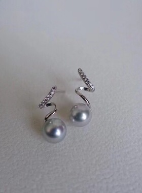 日本银蓝色海水珍珠7.5-8mm 925银皮带耳环耳钉