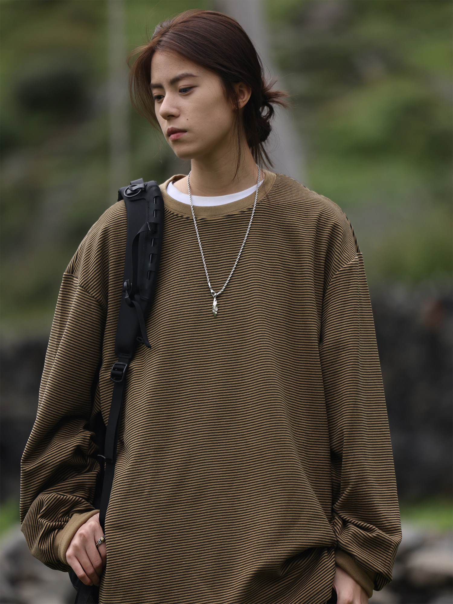 Nobodyknows美式复古基础休闲情侣细条纹圆领长袖T恤男女潮打底衫 - 图0