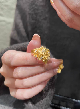 新中式繁花锦簇戒指女小众设计轻奢高颜值镶嵌点钻花朵食指戒开口