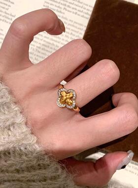中古风点钻拉丝四叶草开口戒指
