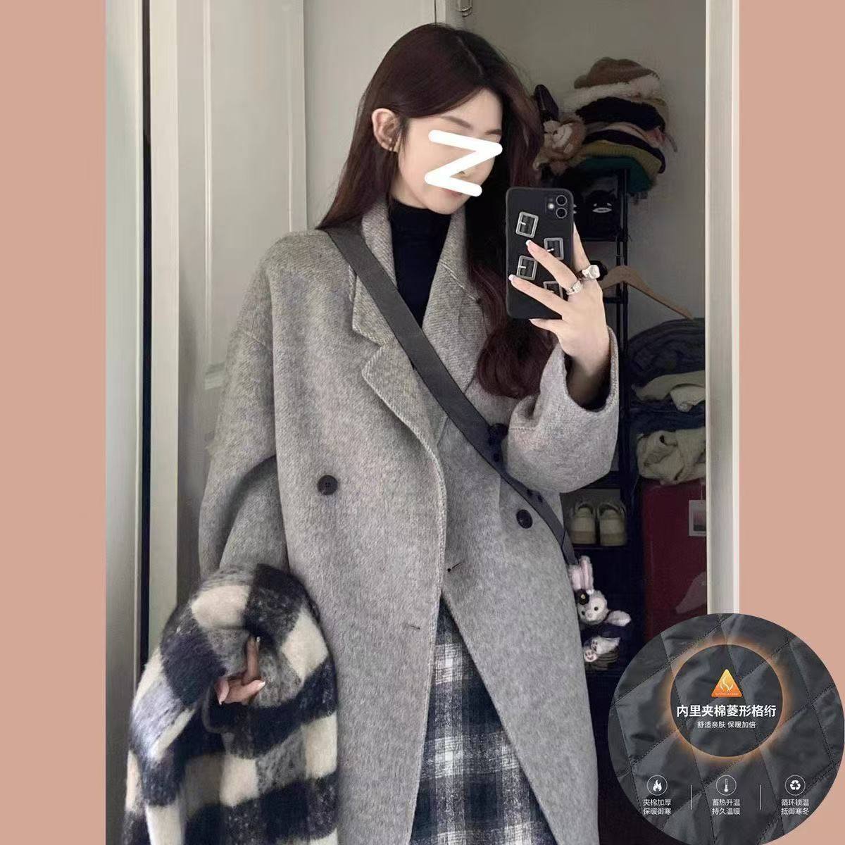 毛呢大衣女秋冬夹棉中长款过膝双排扣西装领风衣宽松显瘦外套学生,淘宝优惠券,粉丝福利购,淘宝优惠卷