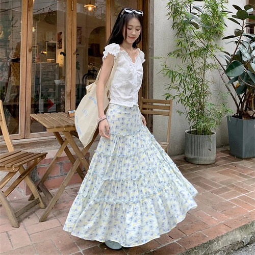 雪纺半身裙女夏季中长款高腰碎花裙A字裙子大摆长裙蛋糕裙小清新 - 图0