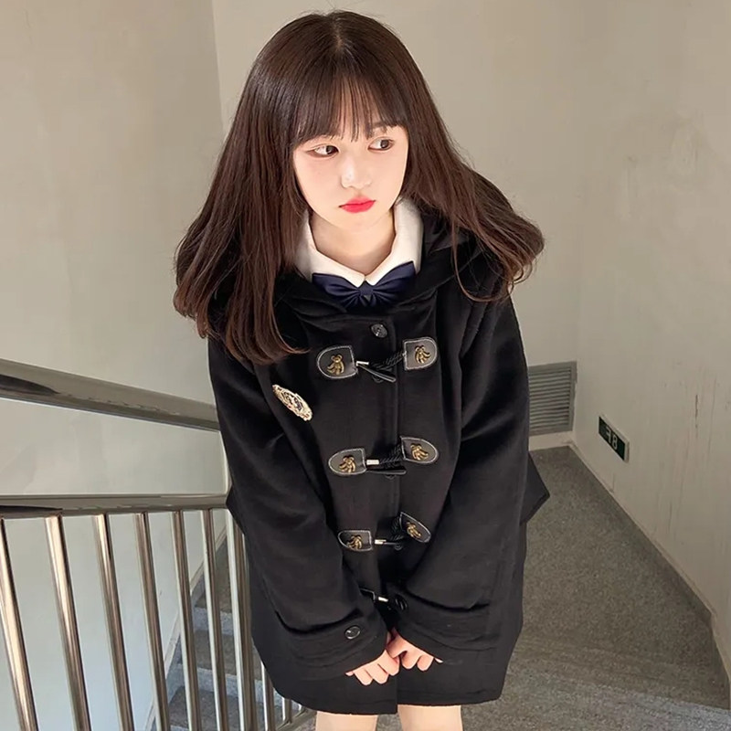 毛呢外套女秋冬季加绒小个子宽松风衣学生jk牛角扣连帽大衣中长款,淘宝优惠券,粉丝福利购,淘宝优惠卷