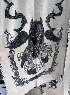 莫黛蓝调涂鸦艺术100%纯山羊绒围巾披肩 尾货仅一条捡漏 轻奢品