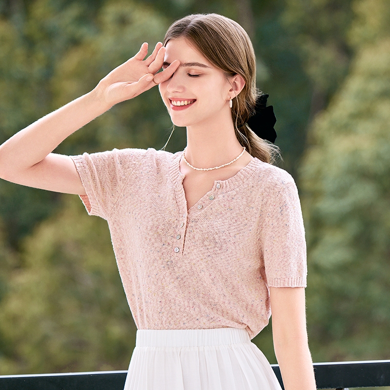 betu百图晕染针织衫夏款彩色条纹撞色晕染显瘦V领短袖针织衫女 - 图2